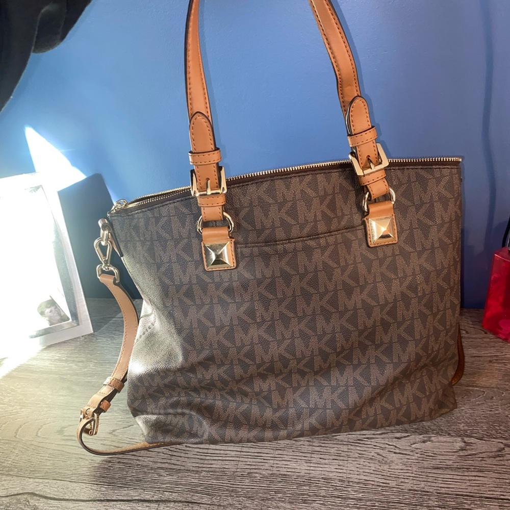 Michael Kors Brown Tote Bag with Monogram Pattern and Leather Trim